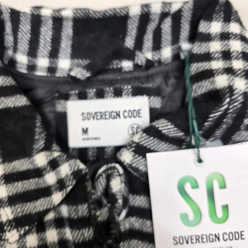 Sovereign Code Shirt Jacket Mens Medium Black‎ White Plaid Quilted Lined Zip NEW